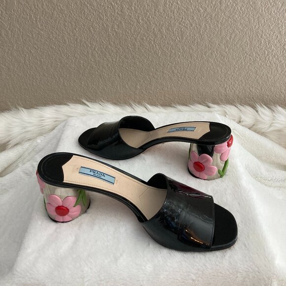 Prada Black Patent Leather Slides with Floral Heel - Picture 1 of 8